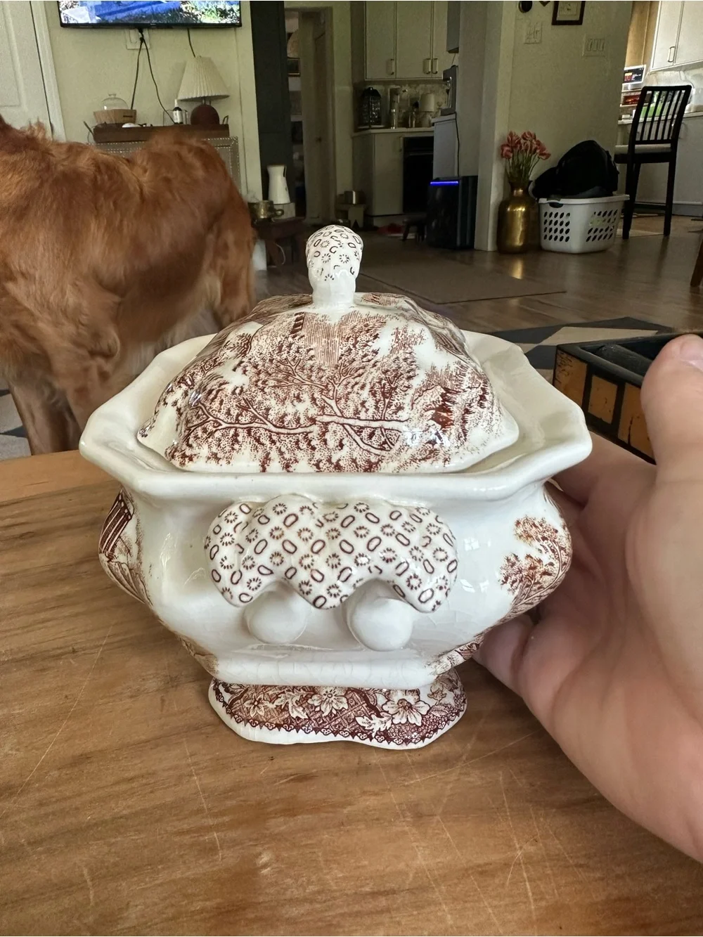 Vintage Brown Transferware lidded Tureen Korea crazing 6”Hx8”Wx 4”D
